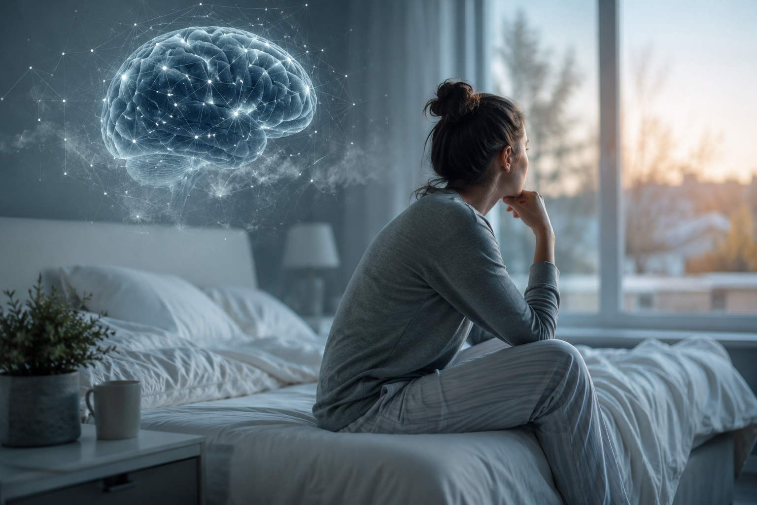 Person experiencing morning anxiety, illustrating why you wake up already worried with a calming bedroom setting and subtle brain visualization.